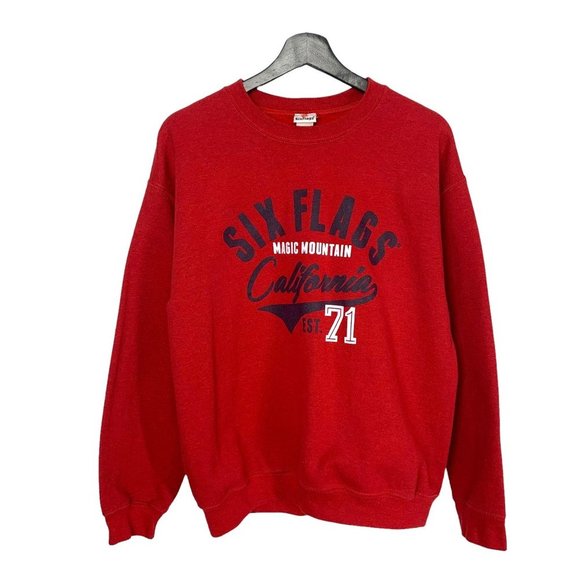 Vintage Y2K Six Flags Magic Mountain California Oversized Red Pull Over Sweater - Picture 1 of 7